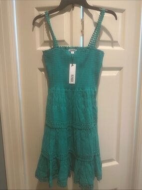 BB Dakota Teal Crochet-Trim Mini Dress